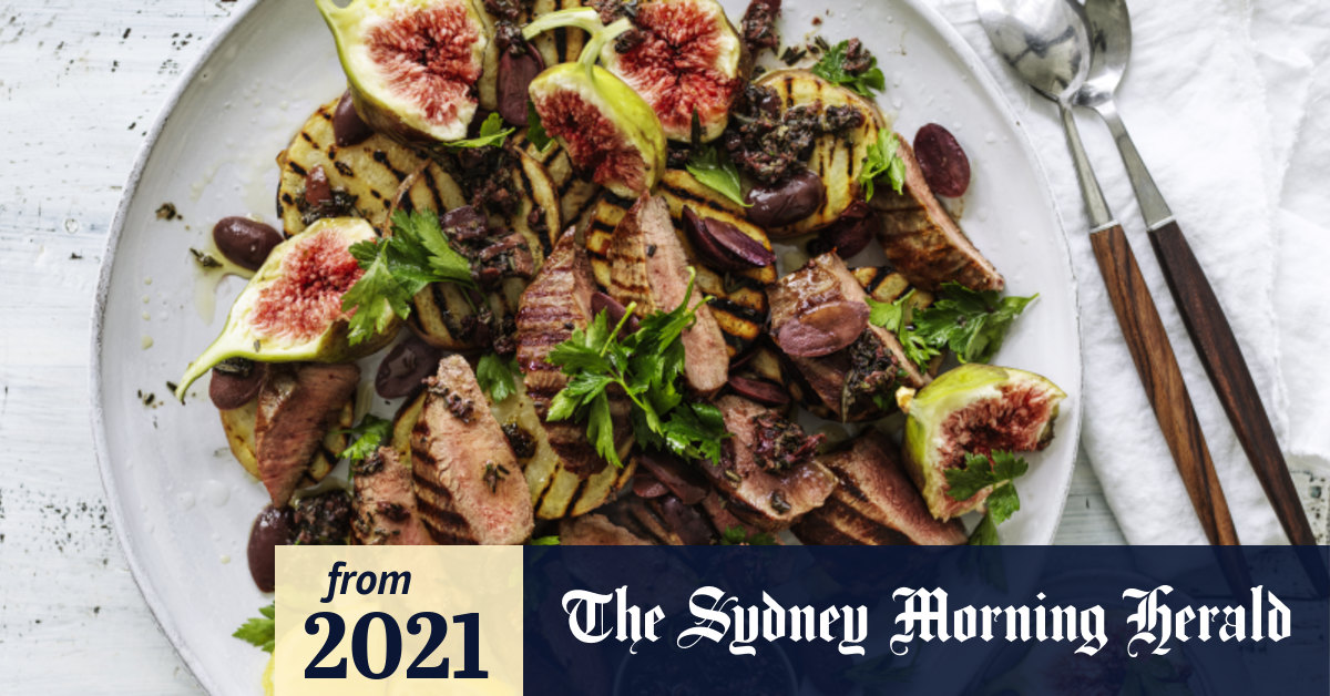 Karen Martini recipe lamb backstrap with olive dressing, charred potatoes and figs